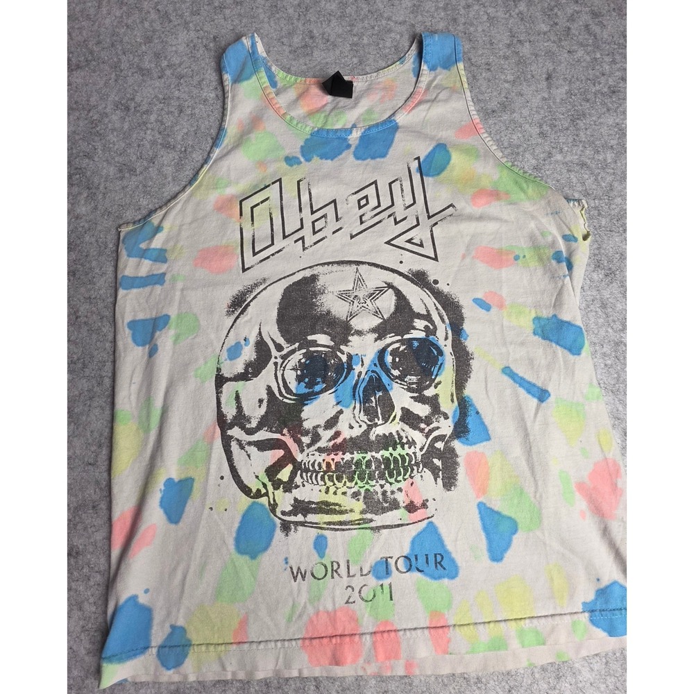 Obey World Tour 2011 Skull Graphic Tank Top Tie Dye Streetwear Mens Medium